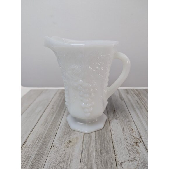 Vintage Anchor Hocking White Milk Glass 6 3/4" Pitcher Grapes Pattern - Picture 1 of 6